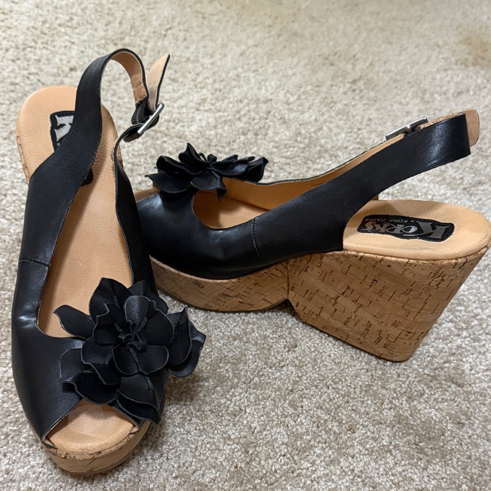 Kork-Ease Black Leather Wedges with Cork Platform